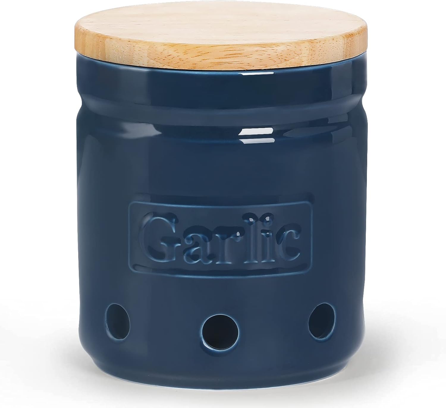 Large Garlic Keeper with Wooden Lid, Ceramic Garlic Holder Storage, Garlic Container for Kitchen, Garlic Saver to Keep Your Garlic Cloves Fresh Longer 4.5-Inch, Navy