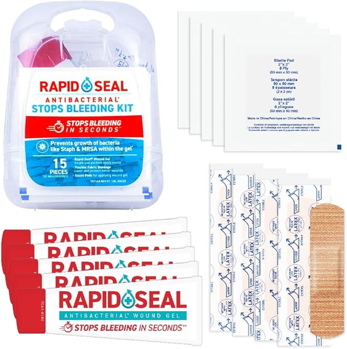 Rapid Seal 15pc Hemostatic First Aid Wound Care Kit | Stops Bleeding in Seconds | Quick Effective Bleed Control | for Blood Clotting, Trauma Kit, Blood Thinner Patients, Survival Gear and Supplies