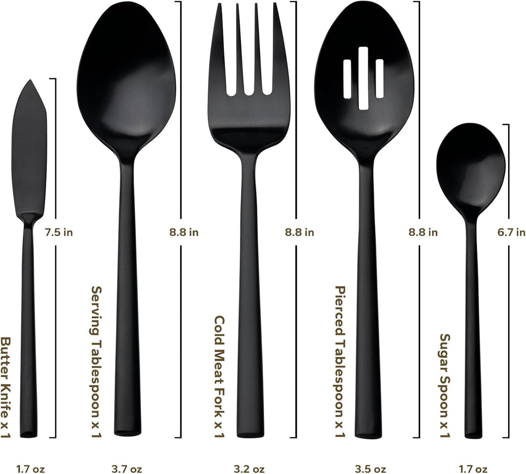 Alata Potter Black 45-Piece Forged Silverware Set with Utensil-Serving Set, Service for 8, Stainless Steel Flatware Set, Modern Design with Satin Finish, Ideal for Home, Kitchen, Party, Camping