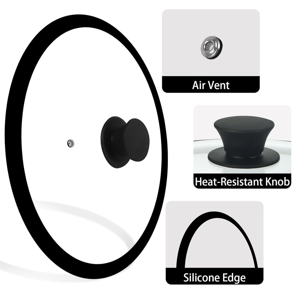 11 inch Tempered Glass Lid for Pots, Frying Pans and Skillets, Silicone-Edged Rim Replacement Cover with Silicone Knob Handle, Dishwasher Safe