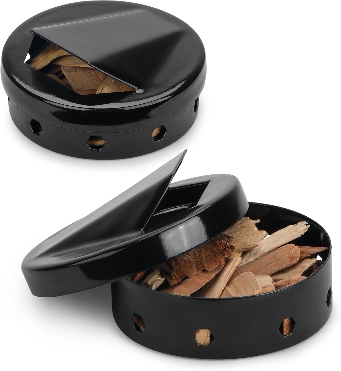 Onlyfire Wood Chip Smoker Box, 2 Pcs BBQ Smoker Box with Lid for Charcoal & Propane Gas Grill, Black