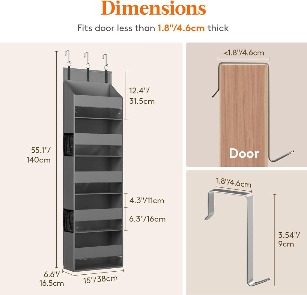 Lifewit 4 Packs Over the Door Organizer, 5 Shelf Clear Window Hanging Storage with 4 Mesh Side Pockets, Anti Tilt 40 lbs Load Behind Door for Pantry, Nursery, Bathroom, Bedroom, Kitchen, Dorm, Grey