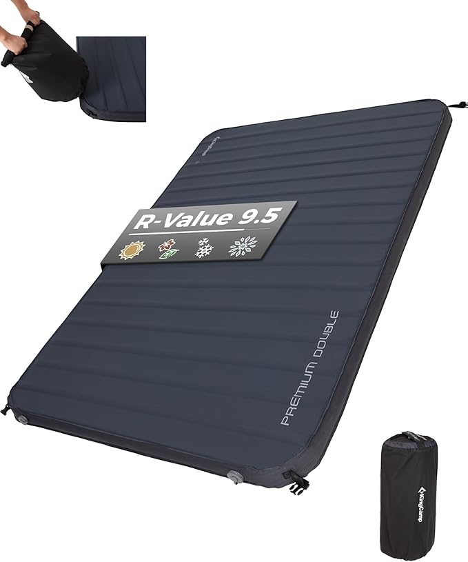 KingCamp Double Sleeping Pad, 2 Person Queen R 7.1/7.9 Self Inflating Sleeping Pad, 3" Ultra Thick Full Size Foam Mattress Mat for Outdoor Camping Tent Car, PVC Free (Grey)