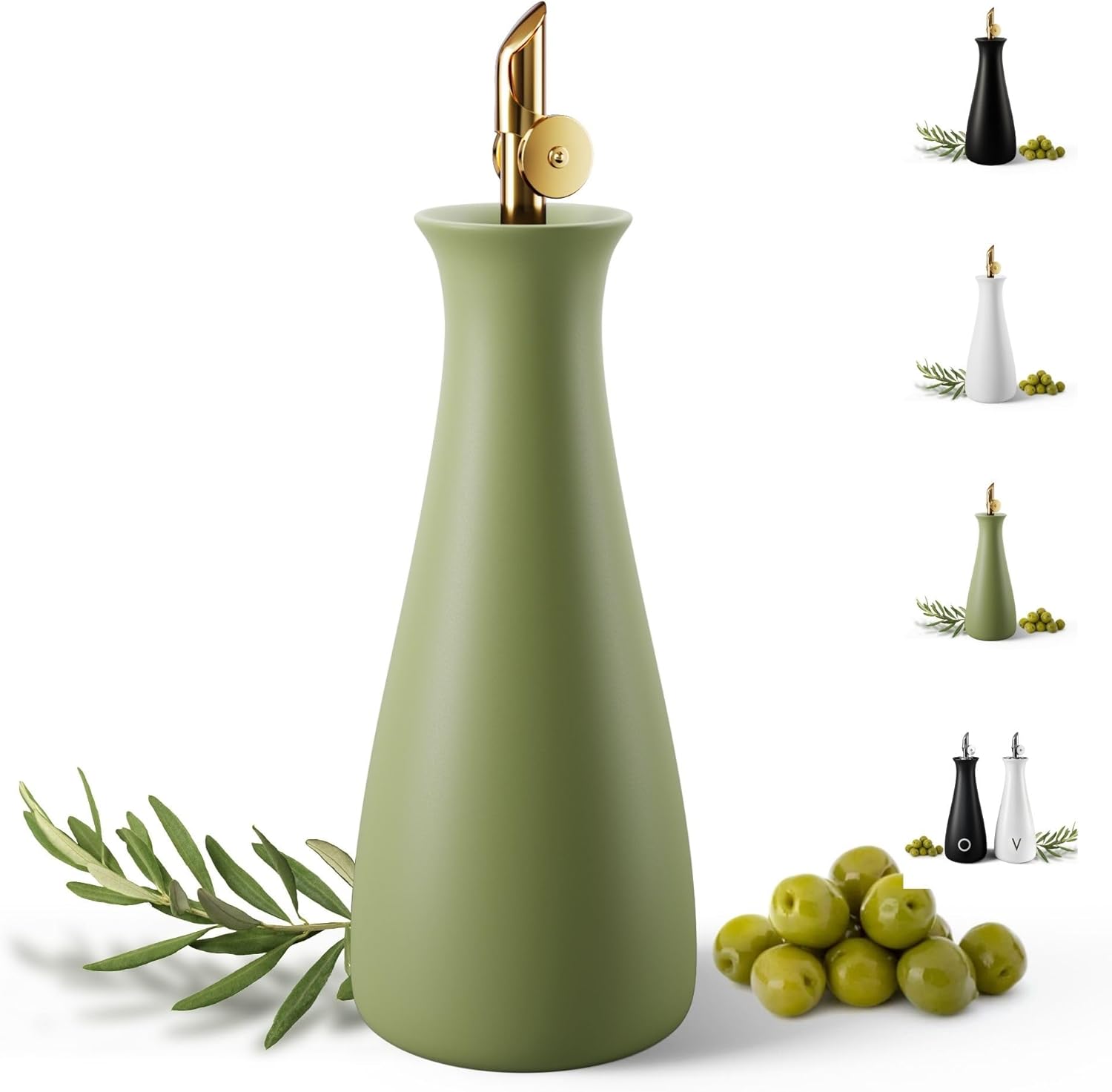 Ceramic Olive Oil Dispenser with Self-Closing Gold Spout - 530 ML Capacity Matte Green Ceramic Oil Dispenser for Kitchen - Leak Proof EVOO Dispensing Bottle - Stylish, Ergonomic, Durable, Easy Pour