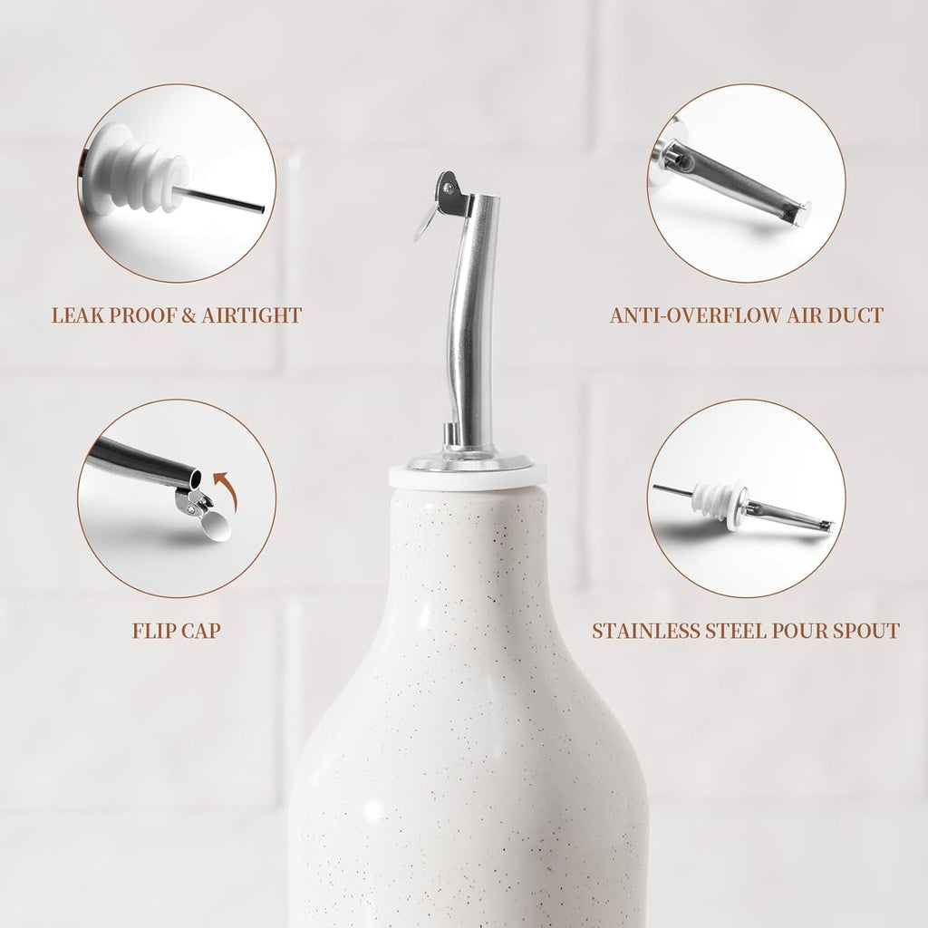 famiware Milkyway 16oz Ceramic Olive Oil Dispenser Bottle, 1 Piece Oil Dispenser for Kitchen with Stainless Steel Pourers, Suitable for Storage Vinegar, Soy Sauce, Coffee Syrup, Liquids, White