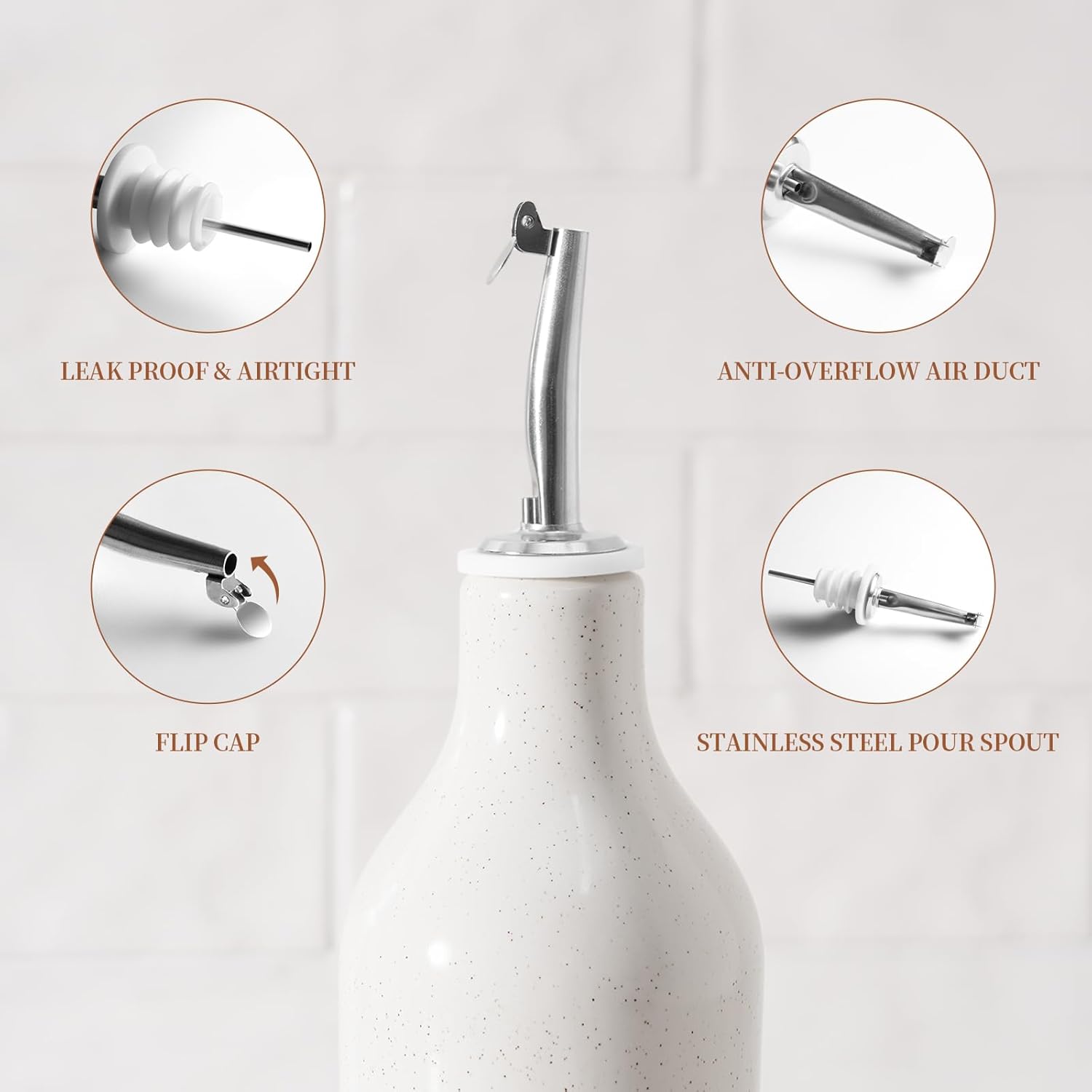 famiware Milkyway 16oz Ceramic Olive Oil Dispenser Bottle, 1 Piece Oil Dispenser for Kitchen with Stainless Steel Pourers, Suitable for Storage Vinegar, Soy Sauce, Coffee Syrup, Liquids, White