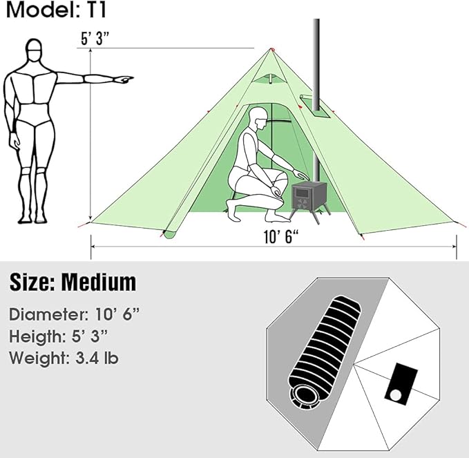 PRESELF 3 Person Lightweight Tipi Hot Tent with Fire Retardant Flue Pipes Window Teepee Tents for Family Team Outdoor Backpacking Camping Hiking