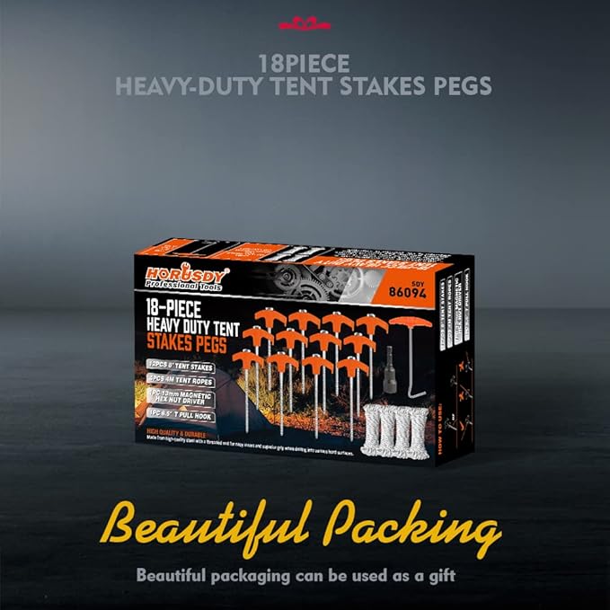 HORUSDY Tent Stakes Heavy Duty, 18-Pack 8.07 Inch Tent Stakes with with 4x13ft Rope & 1 Stopper T Pull Hook