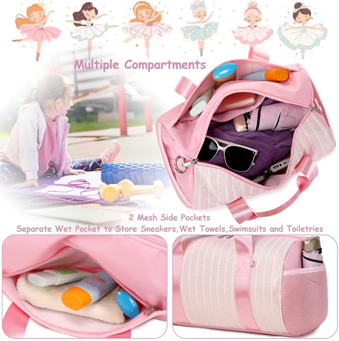 Dance Bag for Girls Dancers Ballet Bag Shiny Glitter Sports Gym Duffle for Little Girls Ballerina Duffel with Shoulder Strap and Furball Keychain
