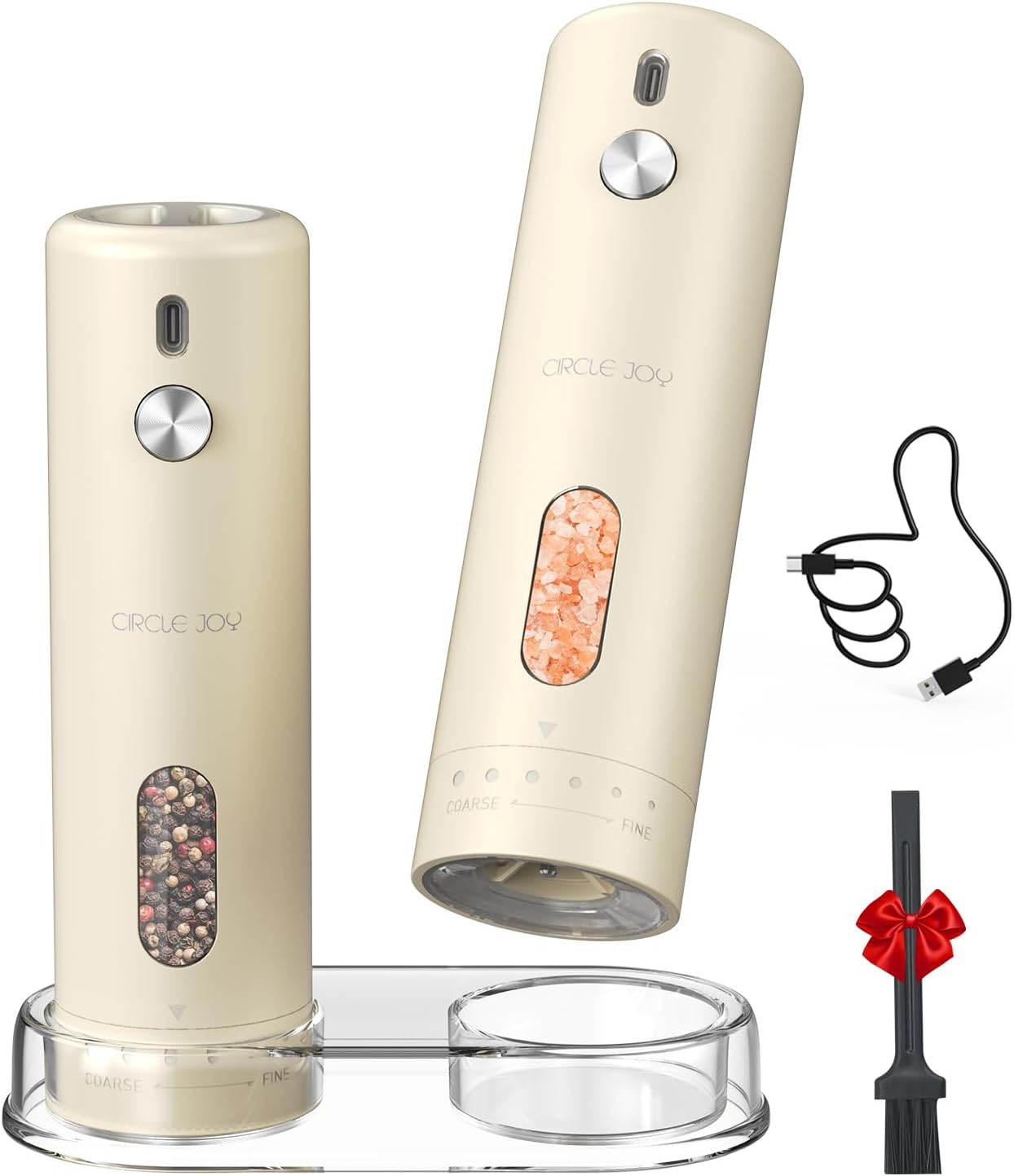 CIRCLE JOY Rechargeable Electric Salt and Pepper Grinder Set with Base, Automatic Pepper Mills with 110ml Container, External Adjustable Coarseness, White Led Light and One-Handed Operation, Begie