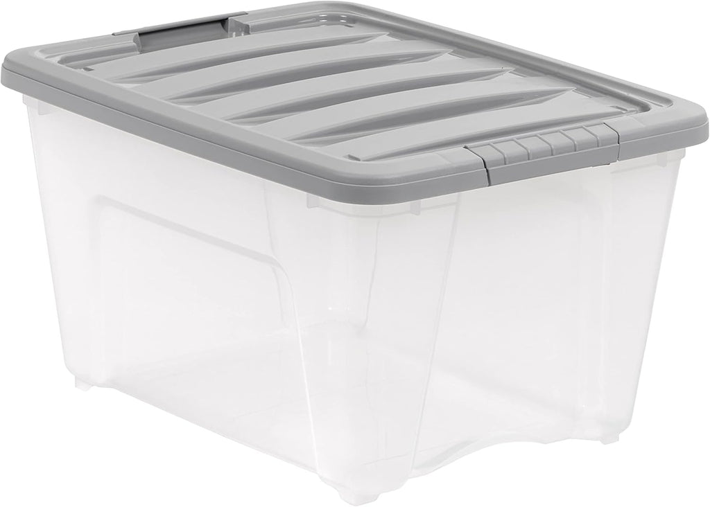 Amazon Basics Plastic Storage Containers with Secure Latching Lids, Stackable Organization Bins, 32 Quart, Set of 6, Clear/Grey