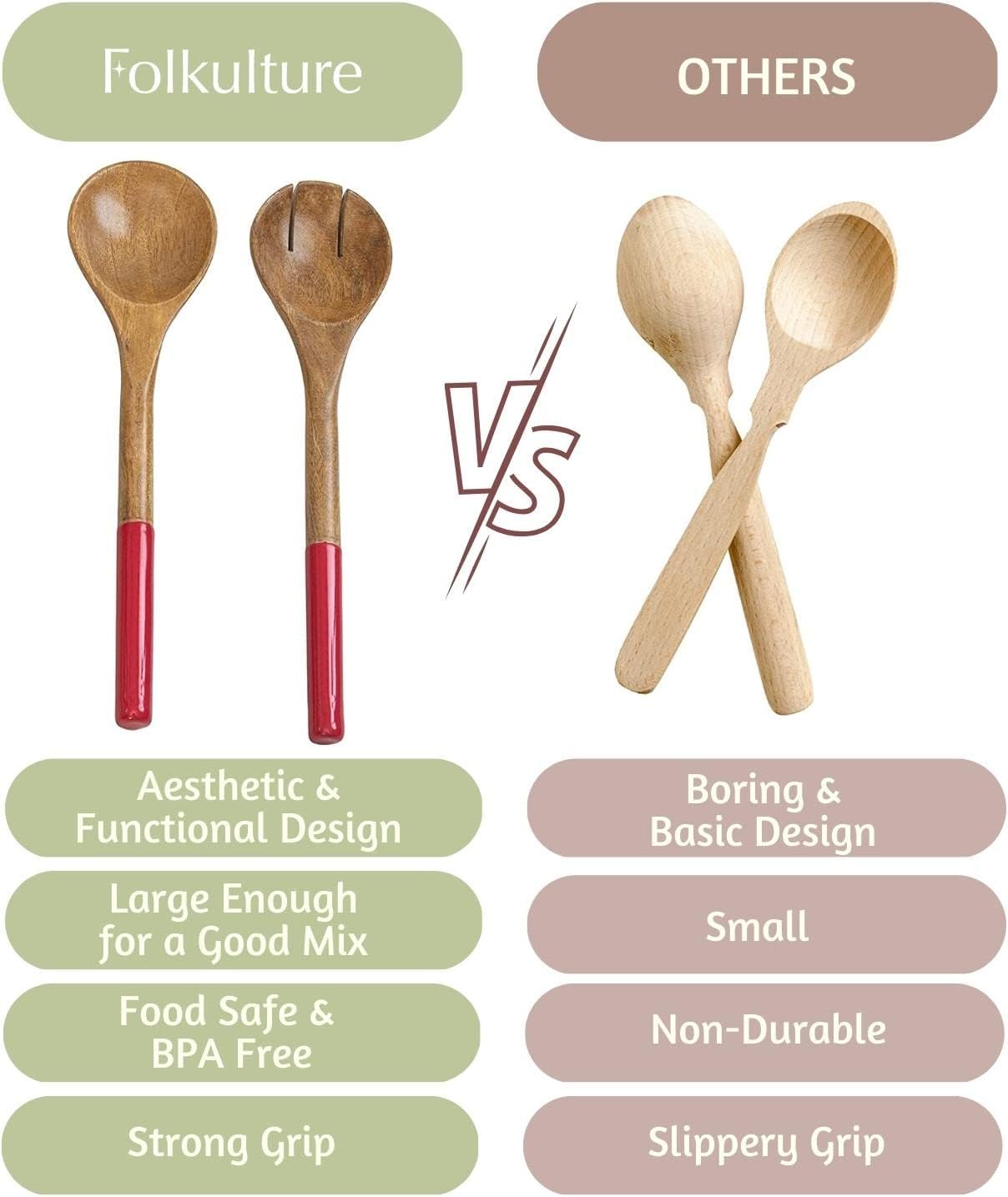 Folkulture Wooden Salad Serving Utensils or Salad Tongs, Salad Servers for Wooden Salad Bowl Set, Salad Tongs for Serving, Salad Hands for Kitchen Decor, 12-inch Spoon and Fork Set, Red