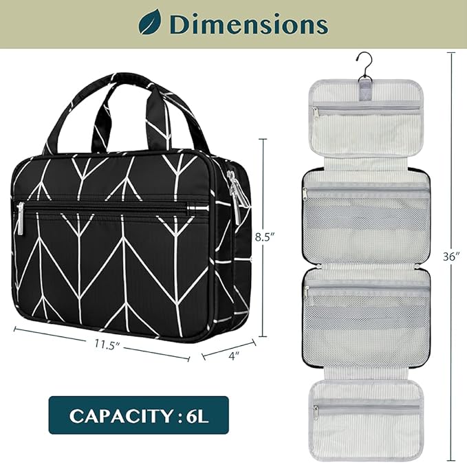 PAVILIA Hanging Toiletry Bag Travel Bag Women Men, Foldable Cosmetic Organizer, Roll up Makeup Bag, Water Resistant Accessories Toiletries, Large Travel Essentials Kit (Black Chevron)