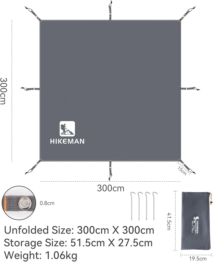 Hikeman Tent Footprint - Waterproof Camping Tarp, Heavy Duty Tent Floor Saver, Ultralight Ground Sheet Mat for Hiking, Backpacking, Hammock, Beach - Storage Bag Included(PU3000mm,300 * 300CM)