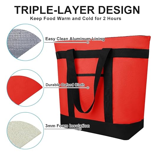 2Pk Insulated Reusable Tote Bag for Grocery Shopping for Women, Pizza/Food Delivery Bag to Keep Food Cold/Hot for Uber Eats/Doordash/Grubub, Cooler bags for Travel/Beach/Picnic, Red