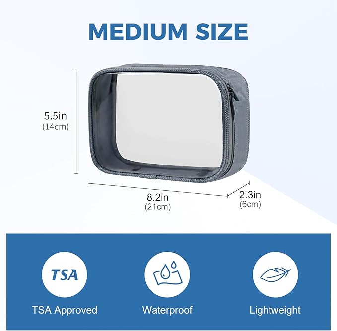 Moyad TSA Approved Clear Toiletry Bag, 2 Pack Quart Size 3-1-1 Liquids Pouch for Travel, Transparent Makeup & Cosmetic Organizer for Women Men, Grey