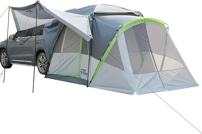 JOYTUTUS SUV Tent with Screen Porch and Awning for Family Camping, 60% More Space Car Tent for 5-9 Person, Dual-Use SUV or Camping with Rainfly, Double Door, Starry Sky Roof, Fit for SUV Car Van