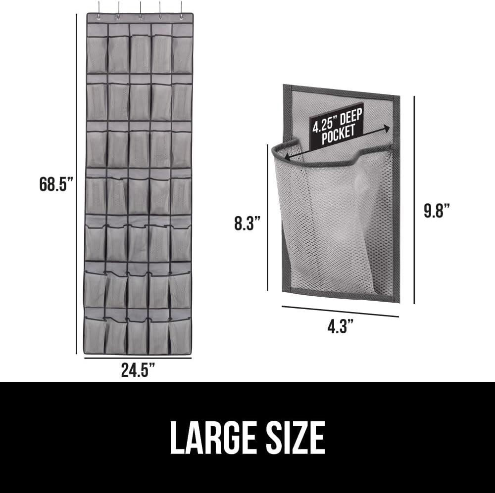 GORILLA GRIP Over the Door Shoe Organizer, 35 Large Breathable Mesh Pockets, Space Saving Hanging Storage Holder, 5 Hook Closet Rack Hanger, Hangs on Closets for Shoes, Accessories 68.5H x 24.5W Gray