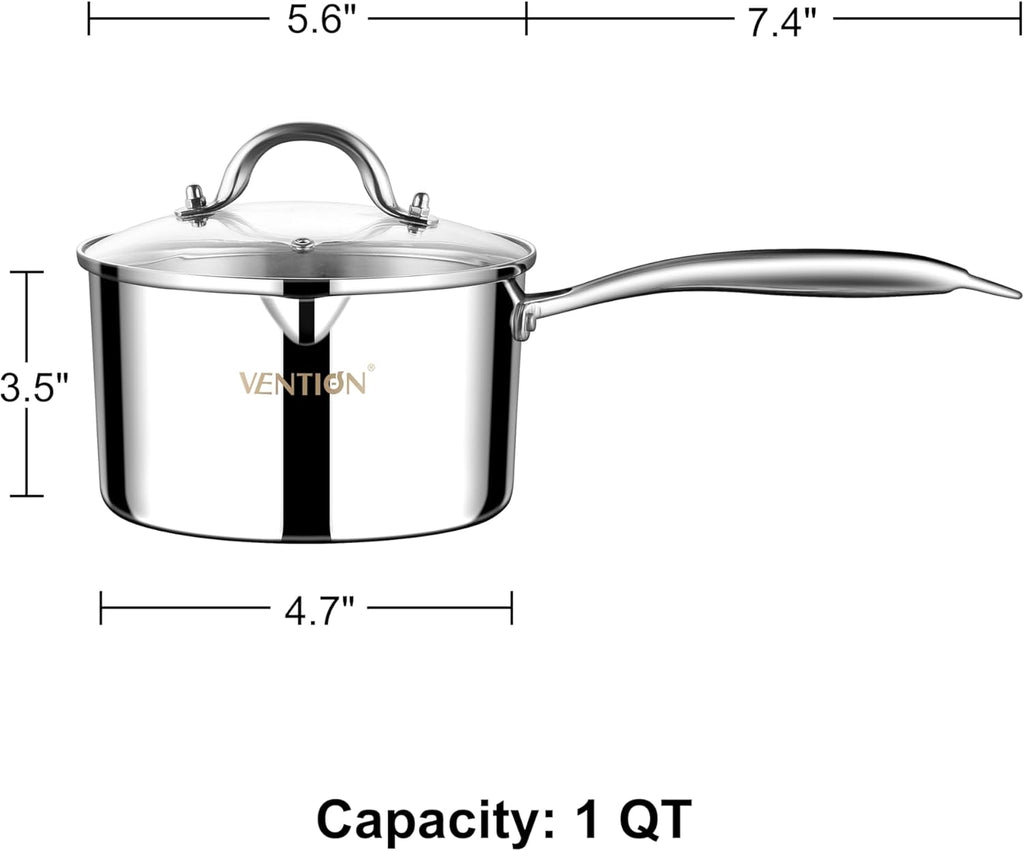 VENTION Tri-Ply Stainless Steel 1 Quart Saucepan with Lid, Bright Small Sauce Pan with Pour Spout, Small Pots for Cooking, Right Hand