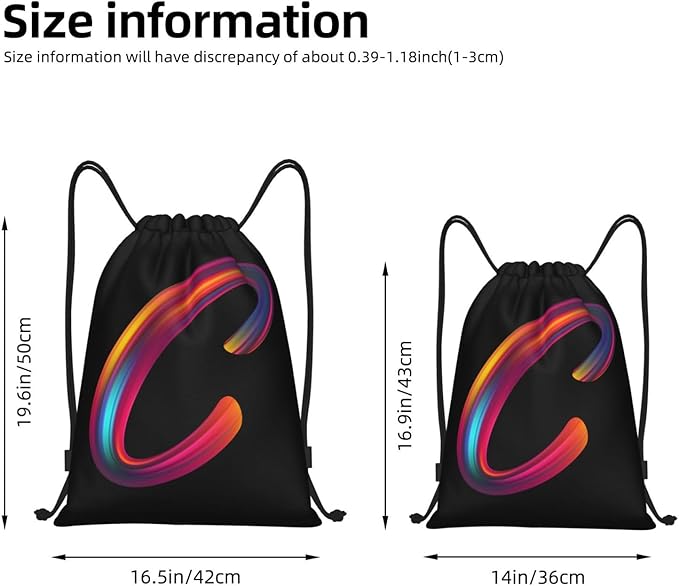 Drawstring Bags Initial Drawstring Backpack Sackpack Black Draw String Cinch Bags for Sports, Gym, Travel, Swimming, Beach, Camping, Rainbow Letter C