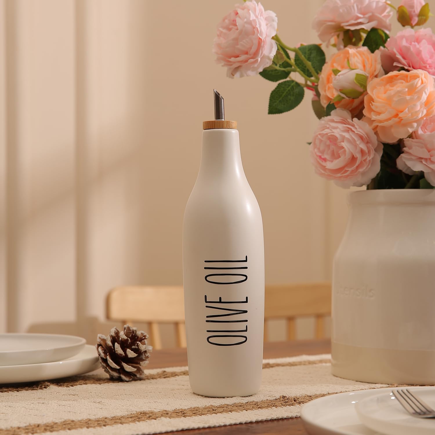 HOMCDALY Ceramic Olive Oil Dispenser for Kitchen, Stoneware 16oz Oil Cruet and Vinegar Bottles Dispenser, Kitchen Dispenser Bottle for EVOO Vinegar Syrups, Modern Farmhouse Design(W-O)
