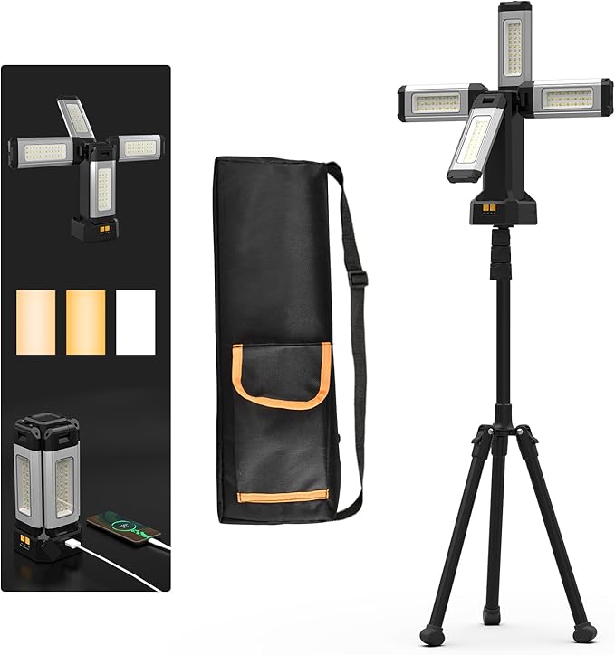 13200mAh Rechargeable Aluminum Work Light with Folding Stand Support and Portable Carrying Bag, 8000 Lumen Stepless Dimmable, 3 Lighting Modes, White/Warm/Nature White (Standard)