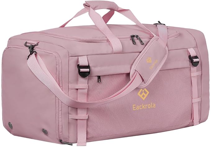 Eackrola Large Sports Gym Bag, Travel Duffel bag with Wet Pocket & Shoes Compartment for men women, 65L, Lightweight（Pink）