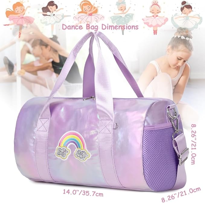 Dance Bag for Girls Dancers Ballet Bag Shiny Rainbow Sports Duffle Bag for Girls Ballerina Gym Duffle with Waterproof Dry Wet Separated Compartment