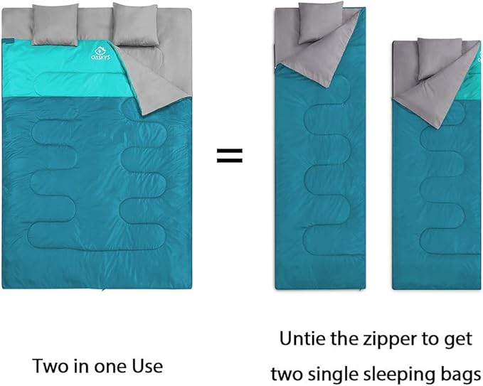 oaskys Double Sleeping Bag for Adults with 2 Pillows - Queen Size XL Waterproof Sleeping Bag for All Season Camping Hiking Backpacking 2 Person Sleeping Bags for Cold Weather & Warm