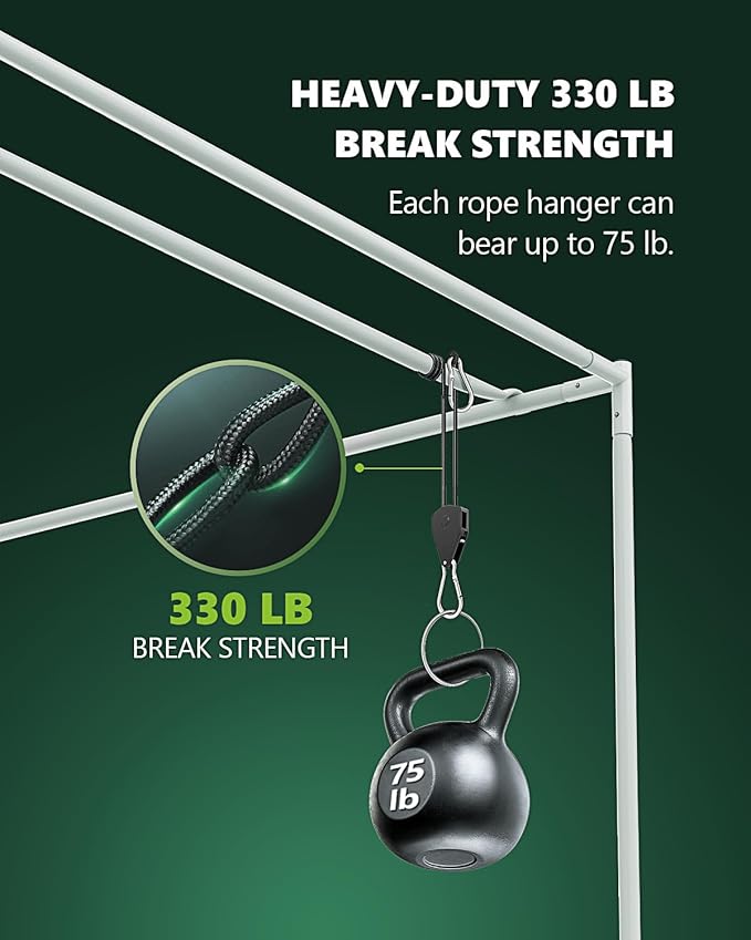 2-Pack 1/8” Adjustable Rope Hanger, Heavy Duty Ratchet Tie Down Strap with Reinforced Metal Gear, Ratcheting Pulley System Bungee Cord for Hanging Plants Grow Light and Various Tie-Down Uses