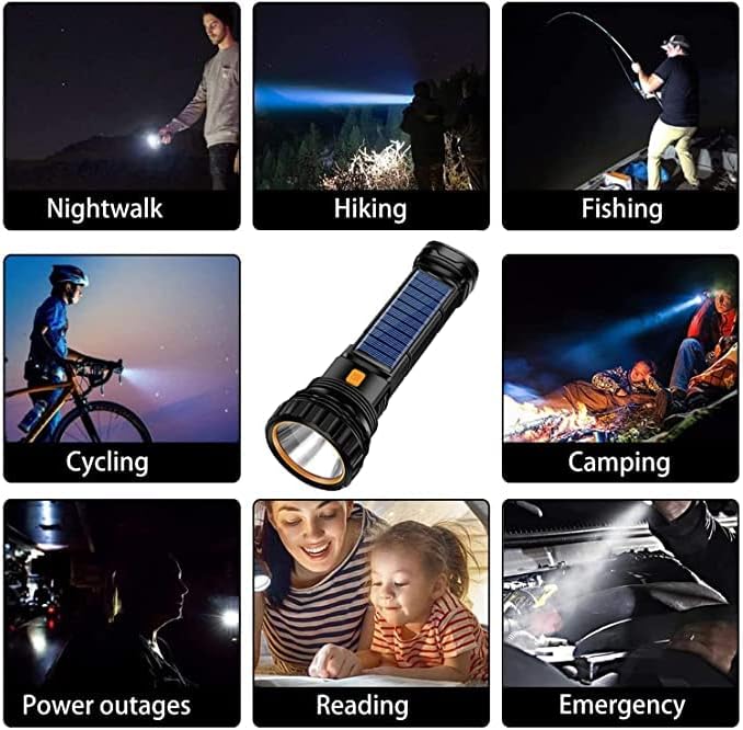 2pcs Solar/Rechargeable Multi Function 1000 Lumens LED Flashlight, with Emergency Strobe Light and 1200 Mah Battery, Emergency Power Supply and USB Charging Cable, Fast Charging (2PC)