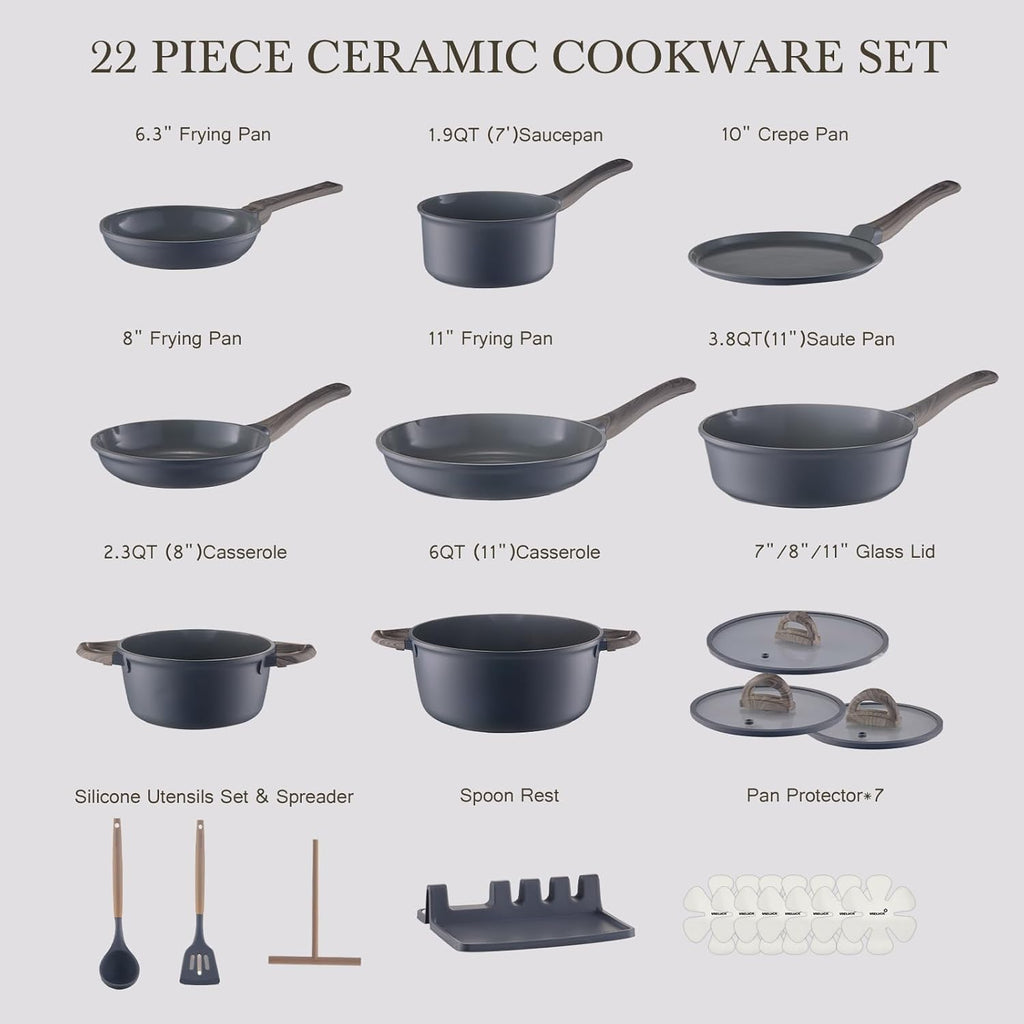 22Pcs Pots and Pans Set Non Stick Non-Toxic Ceramic Cookware Sets Nonstick Kitchen Pot and Pan Set With Lid Gray Granite Induction Compatible with Glass Lids 10" Griddles Frying Pan PFOA/PFOS-Free