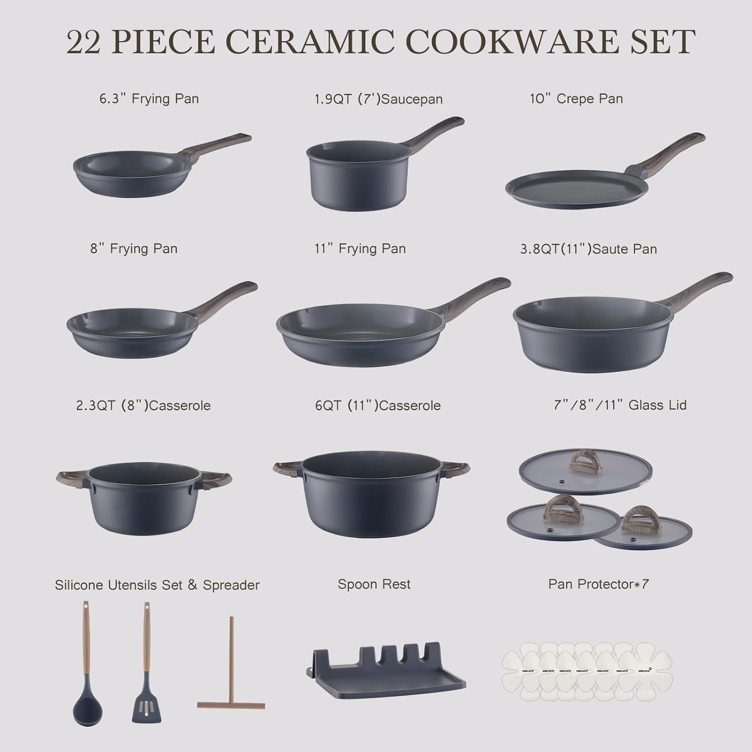 22Pcs Pots and Pans Set Non Stick Non-Toxic Ceramic Cookware Sets Nonstick Kitchen Pot and Pan Set With Lid Gray Granite Induction Compatible with Glass Lids 10" Griddles Frying Pan PFOA/PFOS-Free