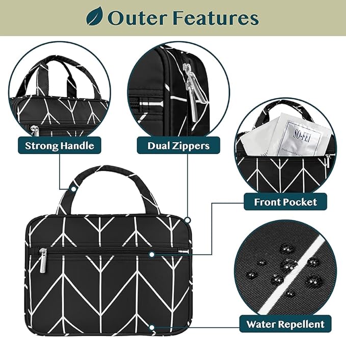 PAVILIA Hanging Toiletry Bag Travel Bag Women Men, Foldable Cosmetic Organizer, Roll up Makeup Bag, Water Resistant Accessories Toiletries, Large Travel Essentials Kit (Black Chevron)