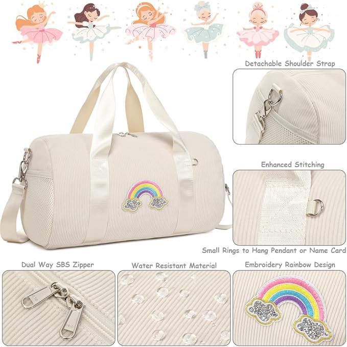 Dance Bag for Girls Dancers Ballet Bag Corduroy Rainbow Sports Duffle Bags for Kids Girls Ballerina Duffle with Shoulder Strap and Waterproof Wet Pocket