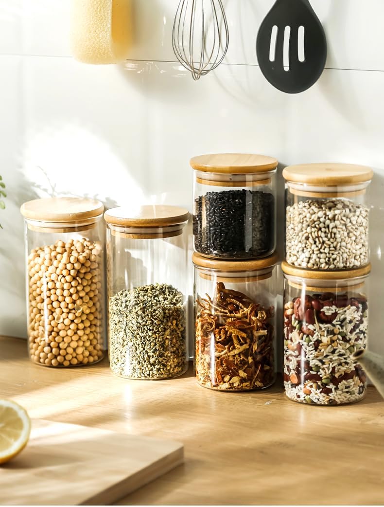 17oz Glass Food Storage Jars, Glass Jars with Bamboo Lids, Kitchen Storage Jars, Set of 12, Canisters with Airtight Lids for Spice, Coffee, Cookie, Pantry Organizers