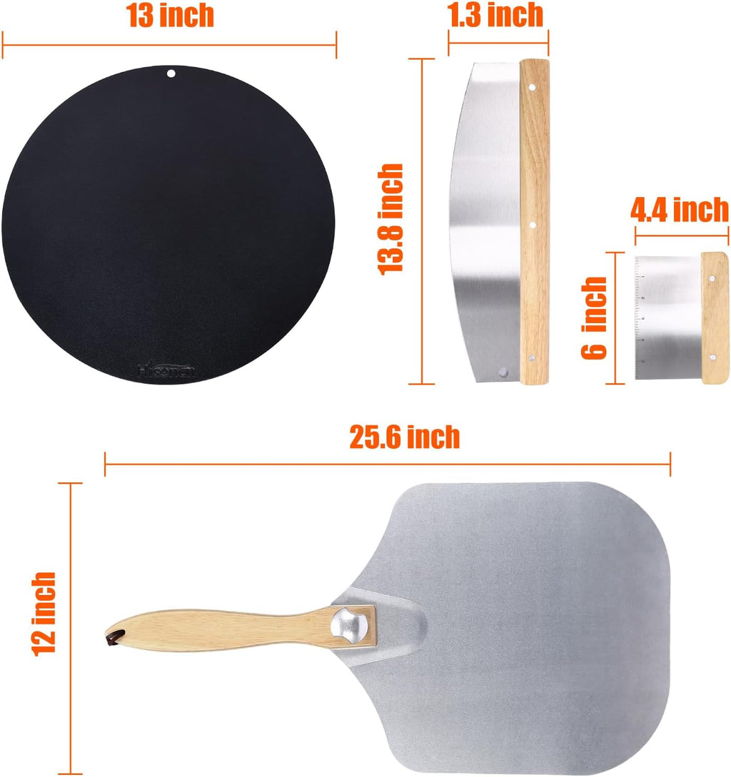 Hisencn 13" Round Pizza Steel for Oven & Grill – Ceramic Baking Steel Pizza Stone Set with Rack, Pizza Peel, Cutter & Dough Scraper, Crack-Resistant & High Heat Conductivity for Crispy Crust