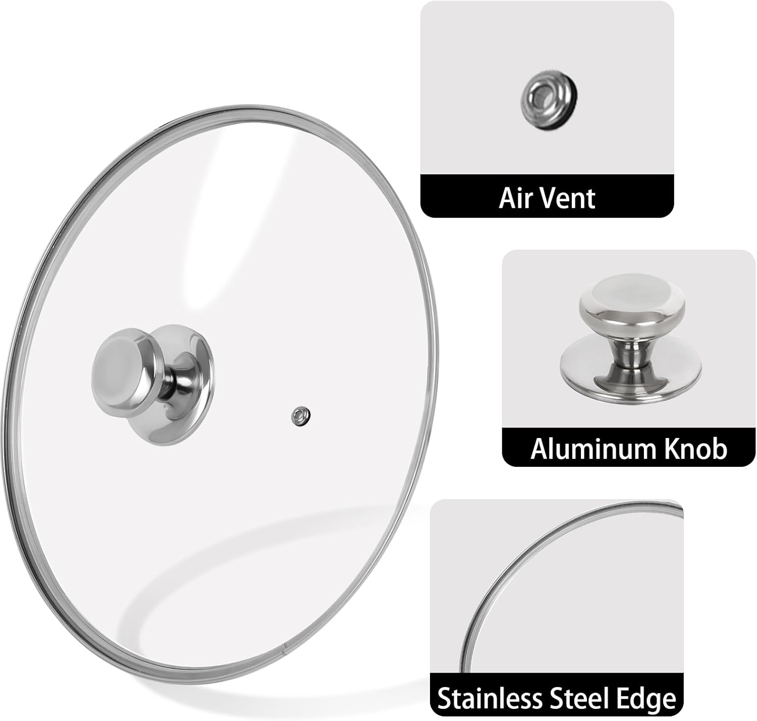 12 inch Tempered Glass Lid for Pots, Frying Pans and Skillets, Replacement Cover with Stainless Steel Knob Handle, Dishwasher Safe