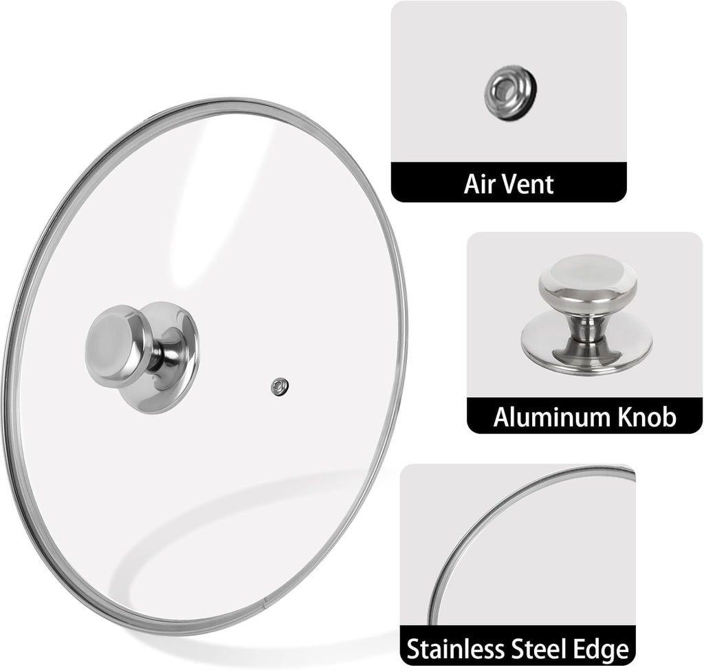 10.25 inch Tempered Glass Lid for Pots, Frying Pans and Skillets, Replacement Cover with Stainless Steel Knob Handle, Dishwasher Safe