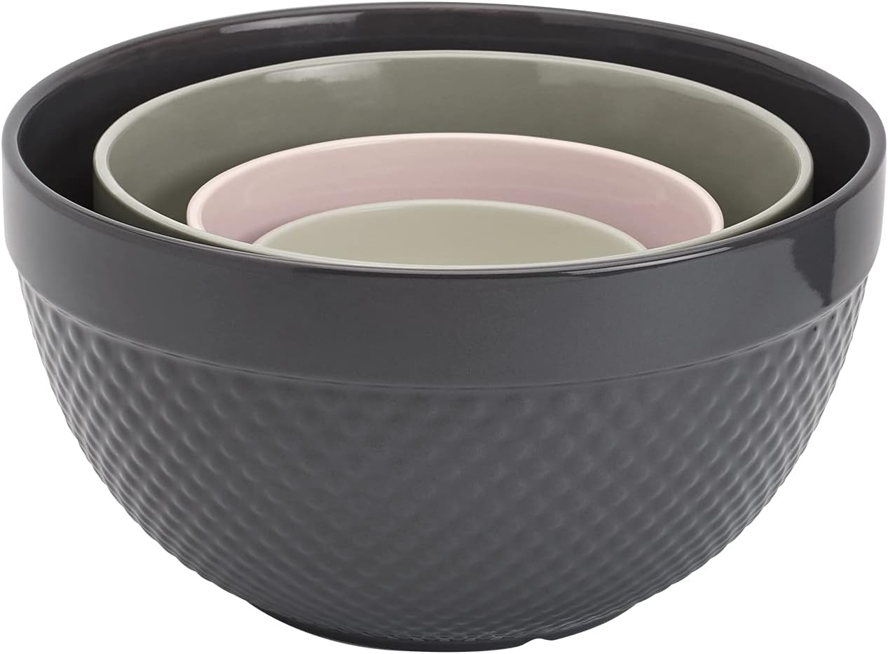 TTU Tabletops Gallery Hobnail Style 4 Piece Timeless Grey Stoneware Nesting Mixing Bowl Set for Baking and Cooking