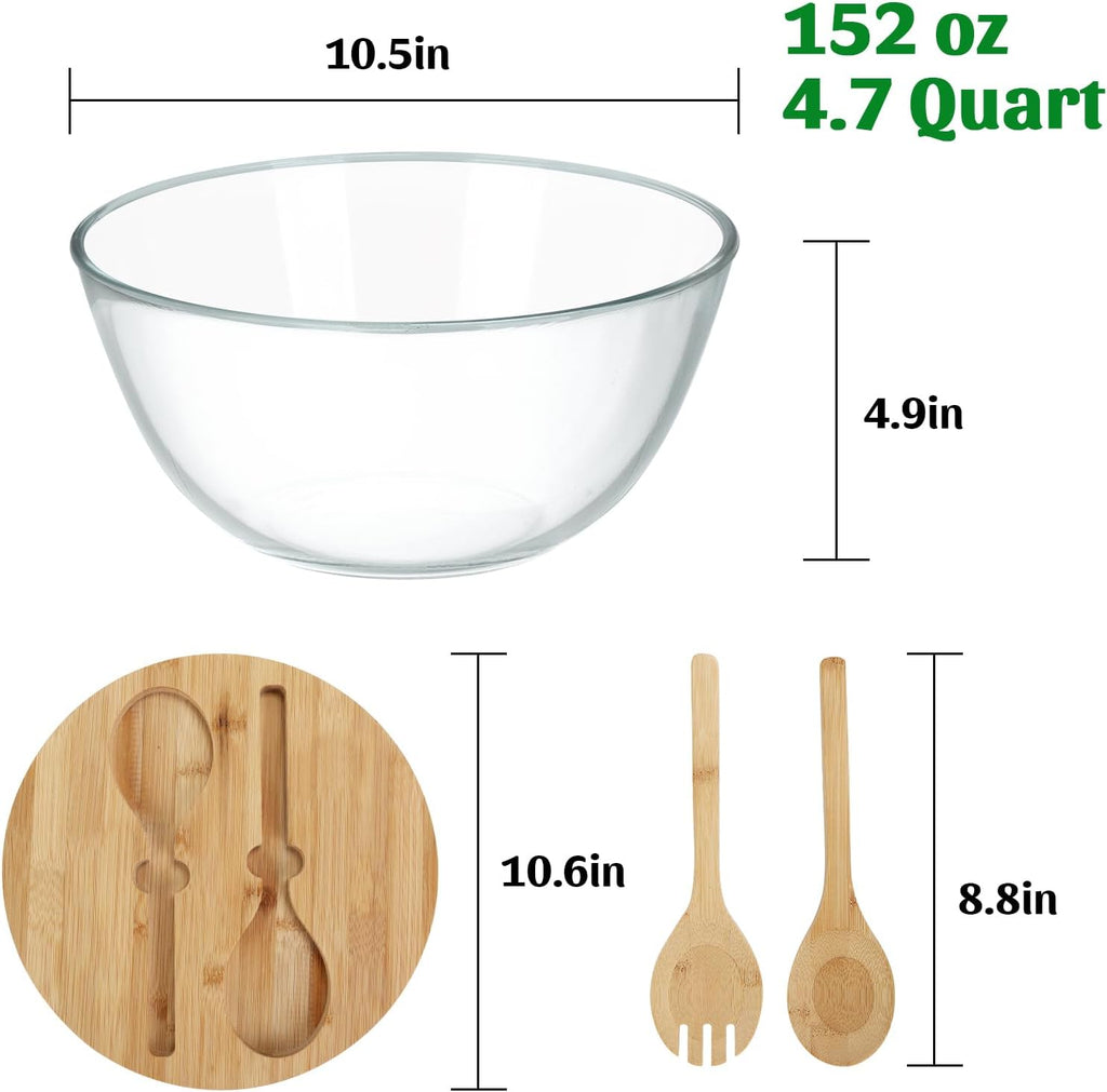 ShineMe Glass Salad Bowl, 4.7 Qt Large Mixing Bowl with Lid and Built in Utensils, Versatile Trifle Bowl for Serving, Mixing, Preparing, Storing, and Decoration in Kitchen