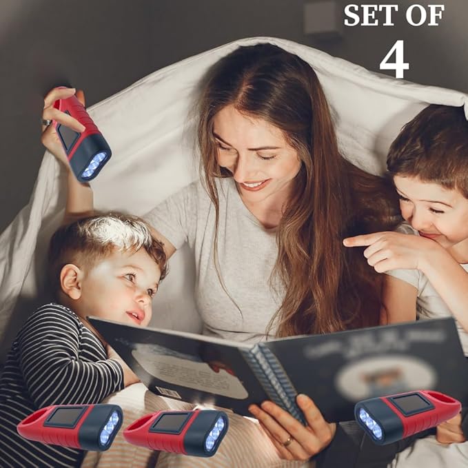 Evelots Hand Crank Solar Powered Flashlights ( 4 Pack ) Rechargeable Emergency Survival Flashlight for Camping , Car - Easy 3 LED Bright Light for Hiking , Outdoor Sports , Home Power Outage