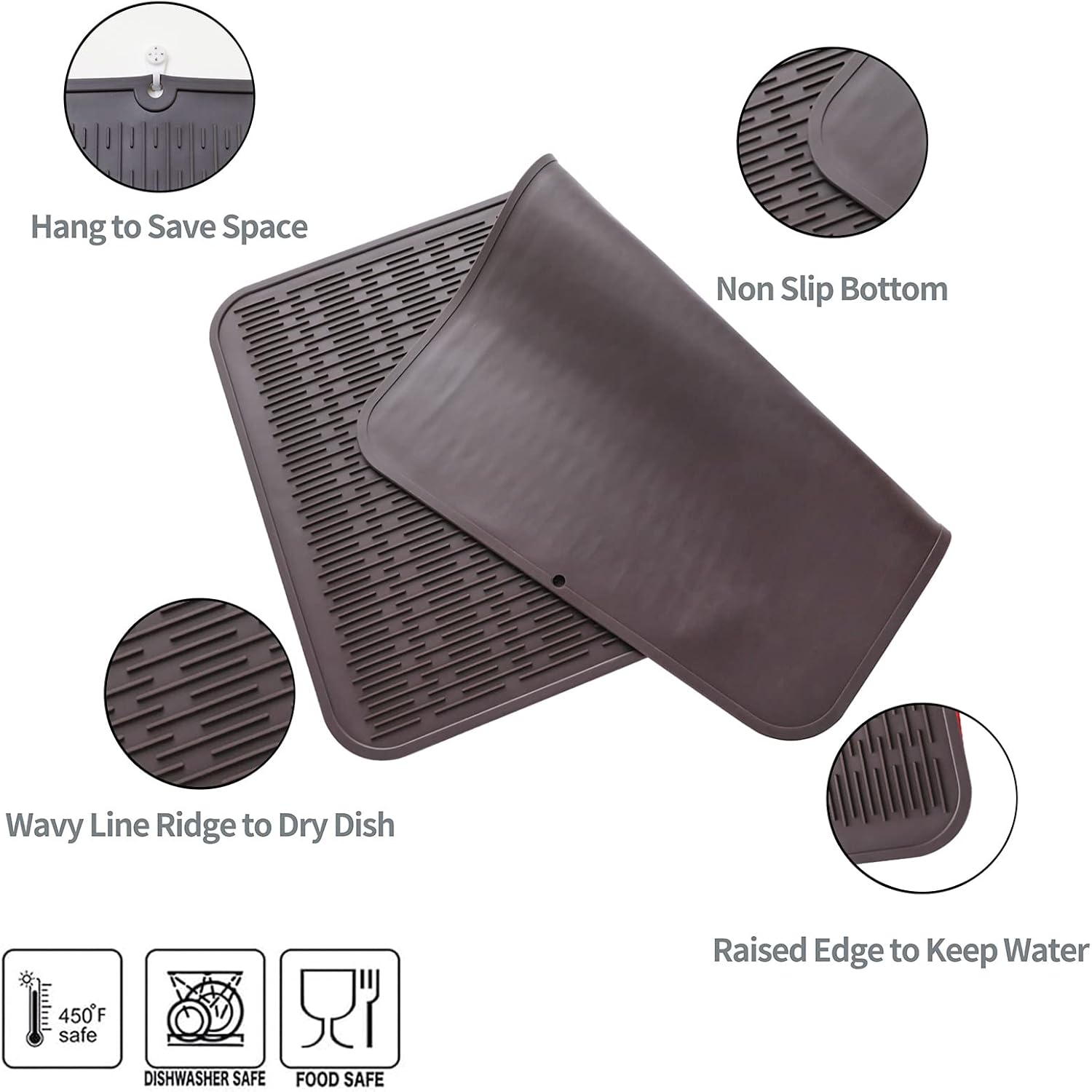 Silicone Dish Drying Mat for Multiple Usage,Easy clean,Eco-friendly,Heat-resistant Silicone Mat for Kitchen Counter or Sink,Refrigerator or Drawer Liner Coffee 4XL 32 inches x 18 inches