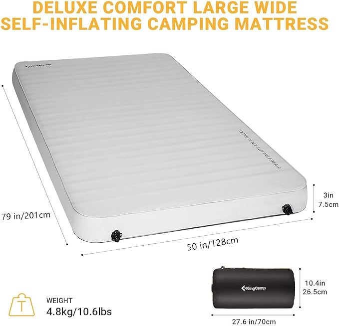 KingCamp Double Sleeping Pad, 2 Person Queen R 7.9 Self Inflating Sleeping Pad, 3" Ultra Thick Full Size Foam Mattress Mat with Pump Sack for Camping Outdoor Tent Car, PVC Free (Lightgrey/Charcoal)