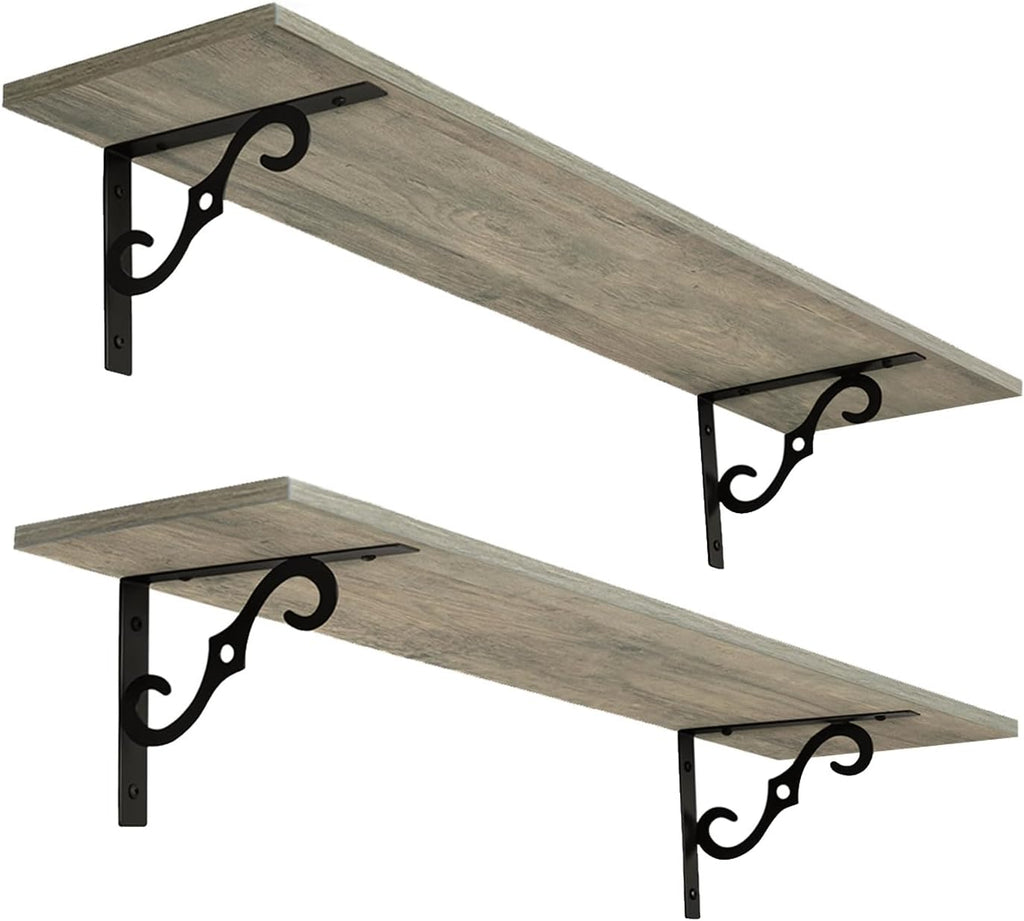 DINZI LVJ Long Wall Shelves, 23.6 Inch Large Floating Shelves Set of 2, Wide Display Shelf Wall Mounted with Brackets, Easy Hanging for Living Room, Toilet, Office, Bedroom, Gray Wash