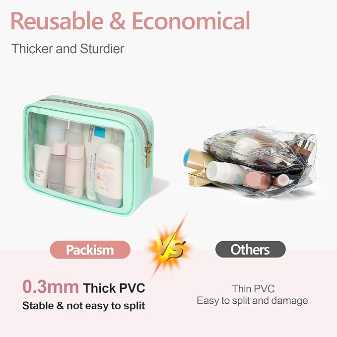 PACKISM TSA Approved Toiletry Bag - Upgrade Color-Edged Clear Makeup Bag, Unique Appearance, 2 Pack Hold Lots of Items, Reusable Clear Toiletry Bags for Travel Essentials, Green (2 Sizes)