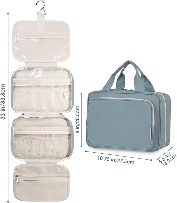Narwey Hanging Toiletry Bag for Women Travel Makeup Bag Organizer Toiletries Bag for Travel Size Essentials Accessories Cosmetics (Greyish Blue (Medium))