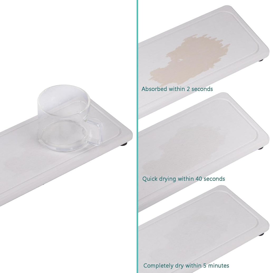 2 Pcs Water Absorbing Stone Trays, Kitchen/Bathroom Sink Soap Dish, Diatomite Tray Used for Hand Soap & Cosmetic Bottles in The Modern Home, 4" W x 10.2" L, White