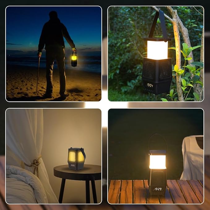 3 in 1 Cordless Camping Lamp,3CCT 7 Dimmable Rechargable Small Lantern with Wireless Bluetooth Speaker,Battery Operated Portable Alarm Clock Lamp