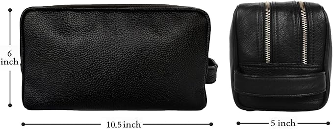 RUSTIC TOWN Full Grain Leather Travel Toiletry Bag - Dopp Kit Travel Organizer (Medium, Black)
